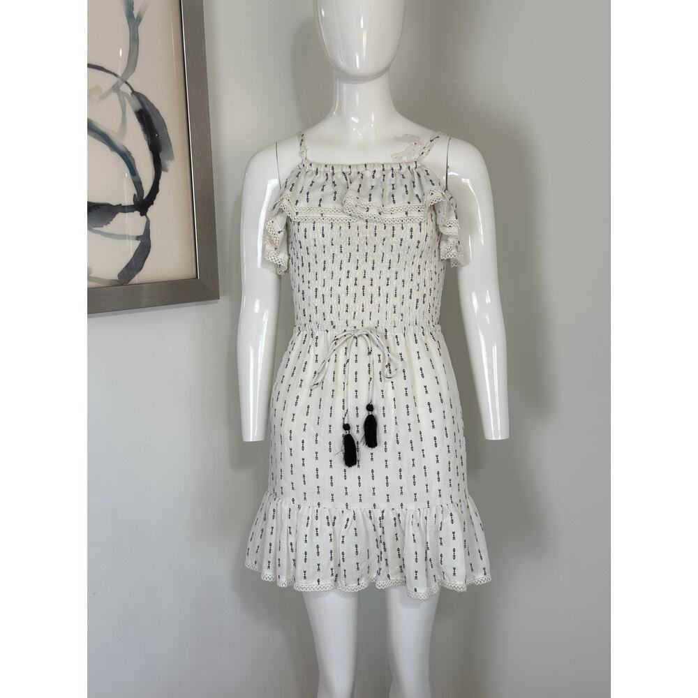 Lost + Wander White Smocked Boho Mini Dress Tassel Ruffle Summer Sundress Size S